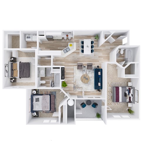 Floor plan for 3 beds, 2 baths, 1273 sqft